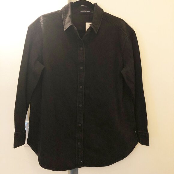 CALVIN KLEIN JEANS BLACK DENIM SNAP FRONT SHIRT WOMEN’S M NWT - Picture 1 of 11